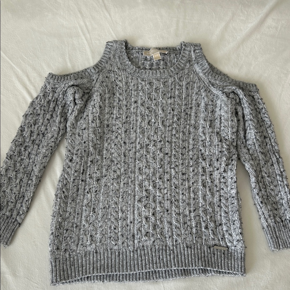 Michael Kors Gray Cable-Knit Cold Shoulder Sweater S